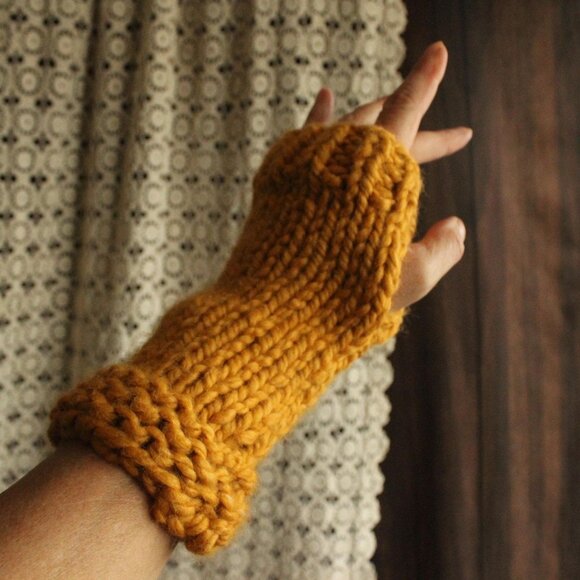 Hand Knit Fingerless Gloves, Armwarmers in Mustard Yellow Yarn, Womens - Picture 5 of 9